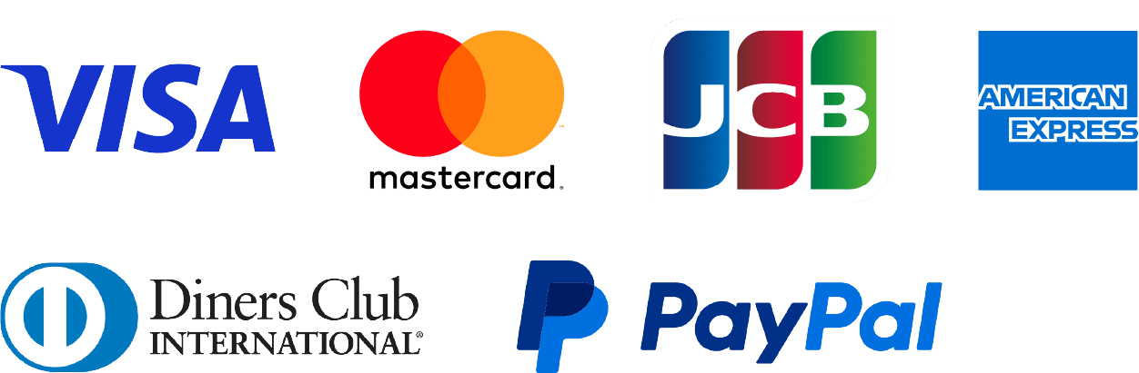 対応カードはこちらです。VISA、MasterCard、JCB、American Express、Diners Club、PayPal